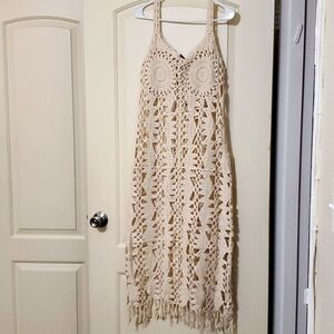 Cut out crochet sleeveless midi dress. Ecru